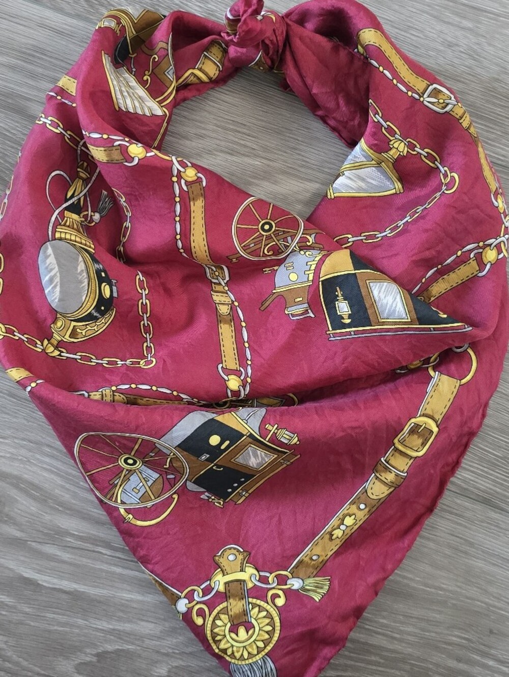 Burgundy Satin Square Scarf Carriage Chain Print Red Gold Equestrian 24x25 in